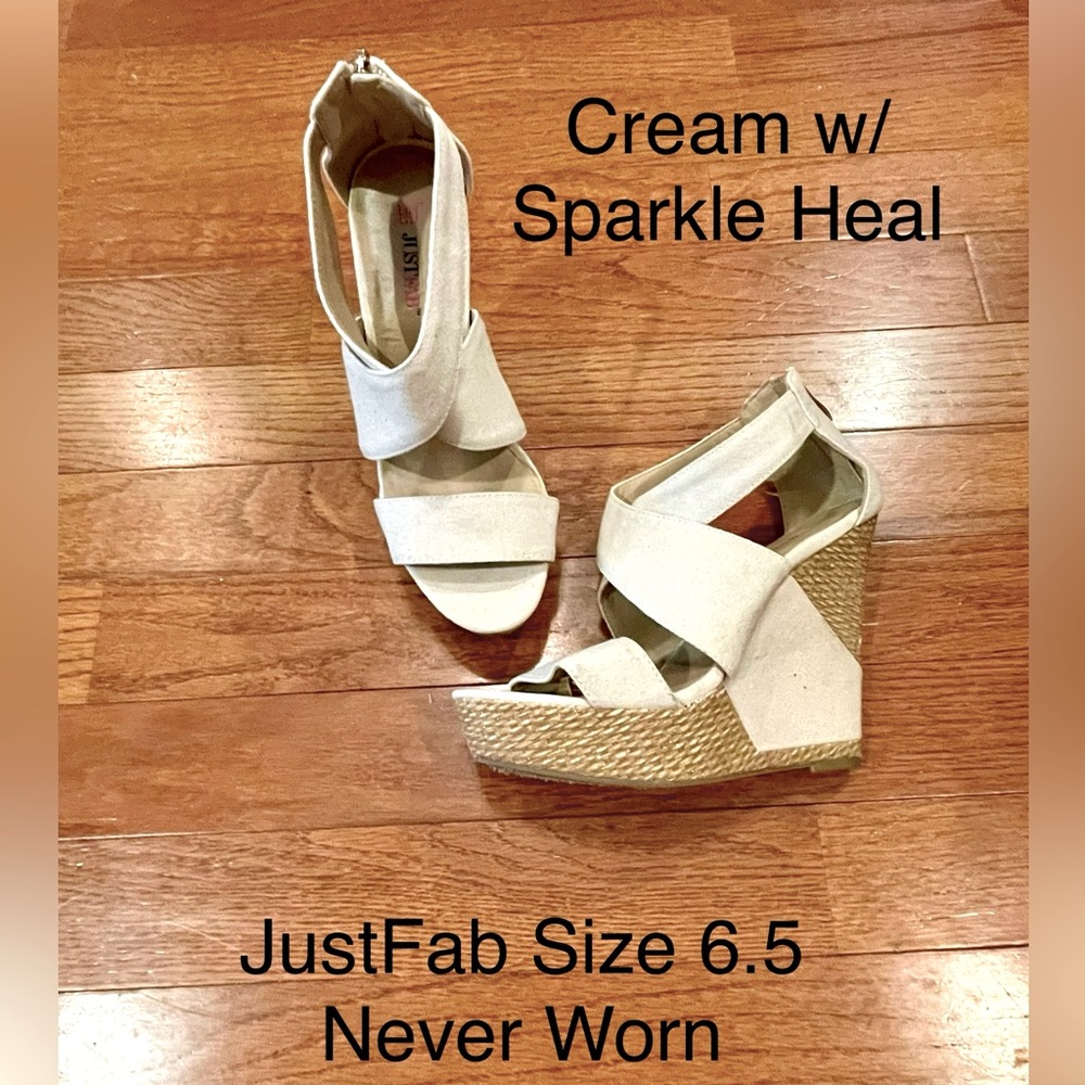 Cream JustFab Heels w/ a hint of golden sparkle in the wedges. Size 6.5